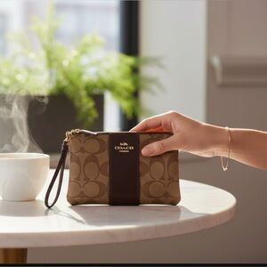 Coach Signature Logo Coated Canvas & Leather Tan and Brown Wristlet